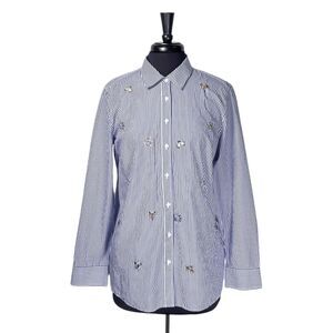 Talbots Women's Button Up Shirt Blue White Striped Floral Rhinestone Blouse L
